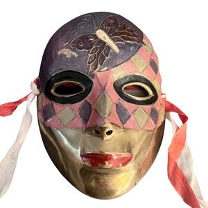 Vintage Brass Masquerade Mardi Gras Mask Wall Decor Hand Painted Butterfly Face